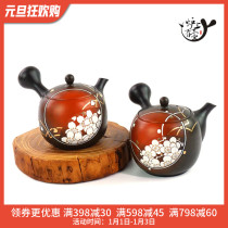 Japanese imports of often slippery burnt Morizong is made of cherry blossoms plum blossoms golden carvings side-to-side teapot wooden boxes