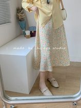 Hipster chiffon yellow floral half-body long skirt women waist thin 2021 Spring Summer new fashion elastic waist