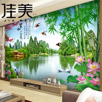 Chinese style 8D three-dimensional mural wallpaper bamboo landscape painting living room decoration wall cloth 9D TV background wall wallpaper