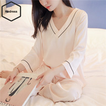 Pajamas female ins Wind summer spring and autumn thin Korean cool ice silk pajamas set home clothes simple plain long sleeve