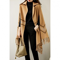 ROUJE POWER tasseled striped shawl Cape winter New medium long little double-sided cashmere coat