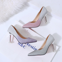 2021 new spring pointed sequins shallow high heels bridesmaid silver single shoes work shoes Crystal Bride heel