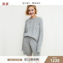QIQI fur heavy cashmere set) two-color twisted round neck shorts cashmere suit knitted set women