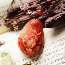 Jun Xinmo boutique old Shoushan stone hibiscus stone peony pendant original hand carved sweater chain pendant