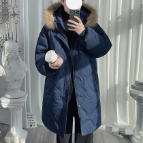 Winter medium long style cotton padded jacket male down cotton clothing Ins damp loose even cap jacket Advanced senses Deep blue eroy dress