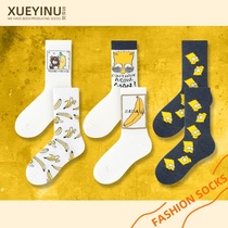 Socks Woman Midbarrel Socks Spring Autumn Pure Cotton Socks Brief White Long Socks Banana Cartoon Avatar College Wind Thin