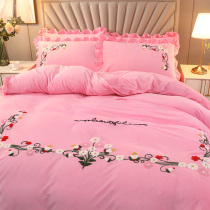 Autumn Winter Warm Ins Small Daisy Towel Embroidered Crystal Suede Four Pieces Double Face Suede Gushed Short Fur Coral Suede Quilt Cover