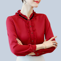 Wooden earring collar shirt female 2020 Spring and Autumn New Style fashion Korean loose chiffon European professional top