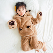 Childrens flannel pajamas autumn and winter thickened female baby home clothes girl spring and autumn baby animal coral velvet suit