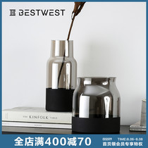 BEST WEST Frosted gray glass vase creative decoration Living room dining table Hydroponic flower arrangement Bottle decoration Light luxury