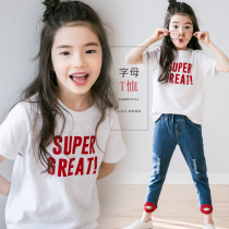 Girls cotton short-sleeved T-shirt 2021 summer new white printed T-shirt baby half-sleeve loose medium and big child Joker tide