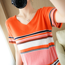 Strip short sleeve t shirt 2022 summer new V - collar knitted half - sleeve tops loosely and thin