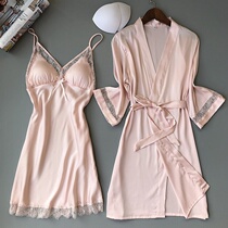 Sexy pajamas female summer ice silk thin two-piece adult with chest pad suspender nightgown can be worn outside