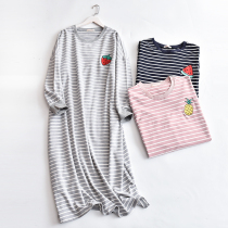 Pure cotton night dress womens autumn and winter long-sleeved long-sleeved skirt striped pajamas Fruit pineapple plus size fat MM home skirt