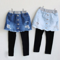 Korean spring and autumn childrens culottes fake two-piece skirt pants with holes ground white fur denim culottes princess pants