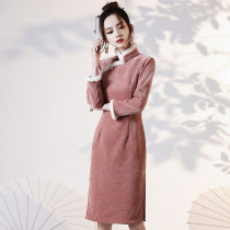 Improved cheongsam 2021 new young girl can wear pink velvet dress Spring and Autumn long sleeve