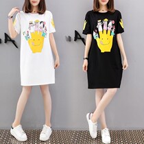 Tide brand 2021 cartoon print T-shirt female long loose T-shirt summer Korean new short sleeve dress base shirt