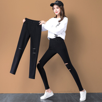Hole elastic waist leggings women wear spring and autumn 2021 summer thin nine points thin Joker small black pants