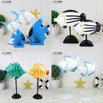 Mediterranean style home decoration blue and white wood fish ornaments old kiss fish desktop TV cabinet decoration
