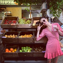 Maje Karena stars Zhong Chuxi Tongan Summer Pink Polo Dot V Collar Dress Code Vintage Retro Skirt