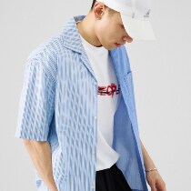 SAMESAME new retro striped stitching shirt mens short sleeve trend casual loose top youth summer