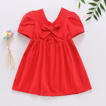 Girls Retro Red Dress V-Neck New Princess Skirt Childrens Cotton Puff Sleeve Bow Ladies Skirt