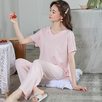 Sleepwear ladies Summer Modale cotton short sleeves Long pants sweet and windy summer thinners Home clothes Loose Big Code Suit