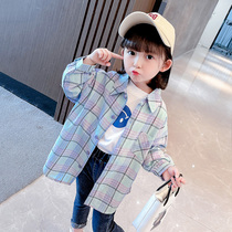 Girl Spring Autumn Slim Fit Shirt 2021 New Female Baby Long Sleeve Plaid Lining Clothes Children All Cotton Foreign Air Autumn Clothing Tide