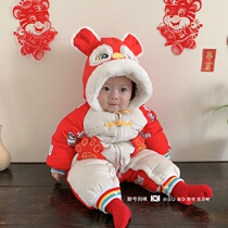 Baby one-piece Chinese wind tiger head winter even cap clip cotton plus suede thickened baby Heaqing warm Chinese New Year cotton clothes