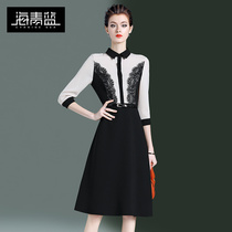 Sea Green Blue Elegance Goddess Skirt 2021 Fall New POLO Collar Lace Cashew Style One-piece Dress 17337