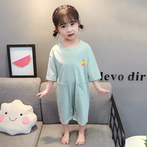 Childrens conjoined pajamas summer thin female Baby Cotton Girl air-conditioning clothing baby Summer jumpsuit Ice Silk