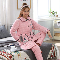 Thickened pajamas womens winter velvet three-layer coral velvet cotton warm home suit