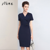 Work clothes womens simple professional dress elegant temperament commuter Medium-length dress slim bag hip ol one step skirt short sleeves