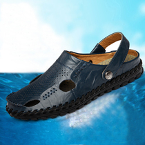 Summer mens real leather beach shoes men hand casual shoes men bauhead sandals anti-slip hole male slippers tide