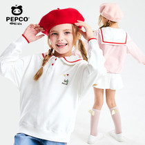 Piggy Banner childrens clothing 2021 autumn new girls long sleeve T-shirt children lapel collar college style top half open