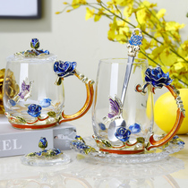 High-grade enamel water Cup European crystal glass home tea cup fruit juice cup coffee cup with lid spoon Cup