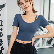 Chest pad sexy navel short t-shirt womens summer sports top short-sleeved yoga tights fitness clothes net red