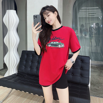 Kaka Womens Official Han Edition Collide Sports Car Printing Short Sleeves T-shirts Summer Red Mid-Long Costumes
