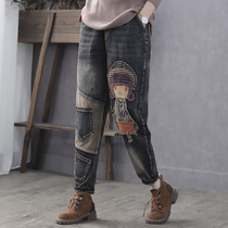 Han Suoyi retro literary patch embroidery girl Spring and Autumn New Haren pants high waist casual trousers jeans
