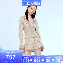 LE FAME La Fei spring Pearl print stitching lace court top LF9C12B05K071