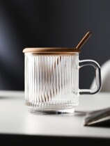 Striped glass cup with handle lid spoon Drink cup office Mark cup Home High face value Milk Coffee Cup