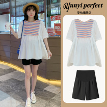 Pregnant woman suit Summer thin style Fashion Snow Spinning Shirt Blouse Blouse Striped Short Sleeve Tobellied Shorts Two Suits