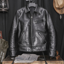 Tenjin through-dyed first layer cowhide Japanese retro motorcycle clothing leather jacket slim short leather leather mens jacket