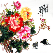 Wang Shipure Fuguis auspicious virtuoso handpainted and written by the countrys real miraculous peony infighting Fang living-room decoration and hanging and painting