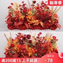 Red gold flower row wedding flower art wedding arrangement row flower Road flower Flower point flower background stage welcome area decoration flower