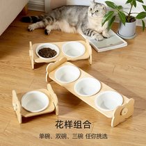 AMEEKLION ceramic cat bowl to protect cervical vertebra wooden frame double bowl high foot cat food basin oblique mouth anti-knock dog grain bowl