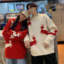 Couple dress autumn and winter 2021 Joker pullover mens ins Super fire Korean version loose Christmas elk wear