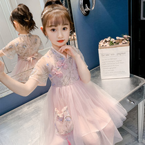 Girls dress 2021 new summer foreign style Hanfu Chinese style childrens cheongsam crushed flower mesh princess dress