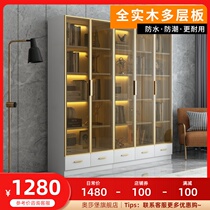 Light luxury minimalist glass door full wall bookcase modern simple solid wood floor shelf whole Wall study living room bookcase