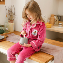 Childrens coral velvet girls pajamas autumn and winter flannel girls big girls home clothes middle and big children padded suit